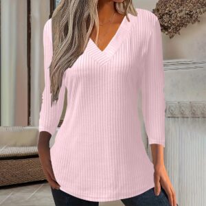 Women’s Ribbed V-Neck Long Sleeve T-Shirt – Autumn/Winter Slim Fit Casual Top