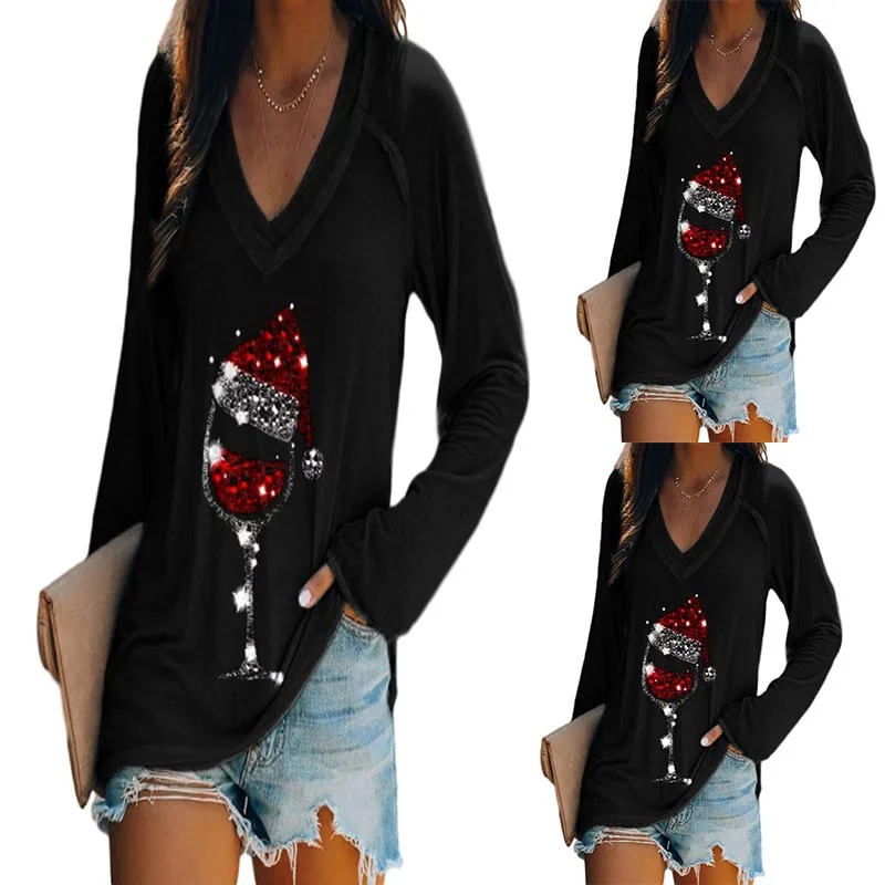 Women’s Christmas Wine Glass V-Neck T-Shirt – Long Sleeve Party Top - Image 4