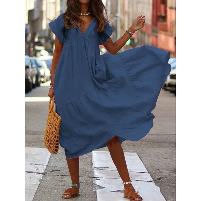 Summer Casual Women’s V-Neck A-Line Maxi Dress with Short Sleeves & Ruffle Detail - Image 6