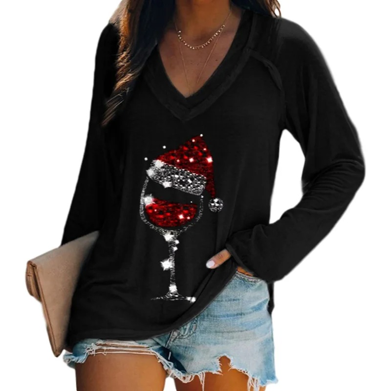 Women’s Christmas Wine Glass V-Neck T-Shirt – Long Sleeve Party Top - Image 3