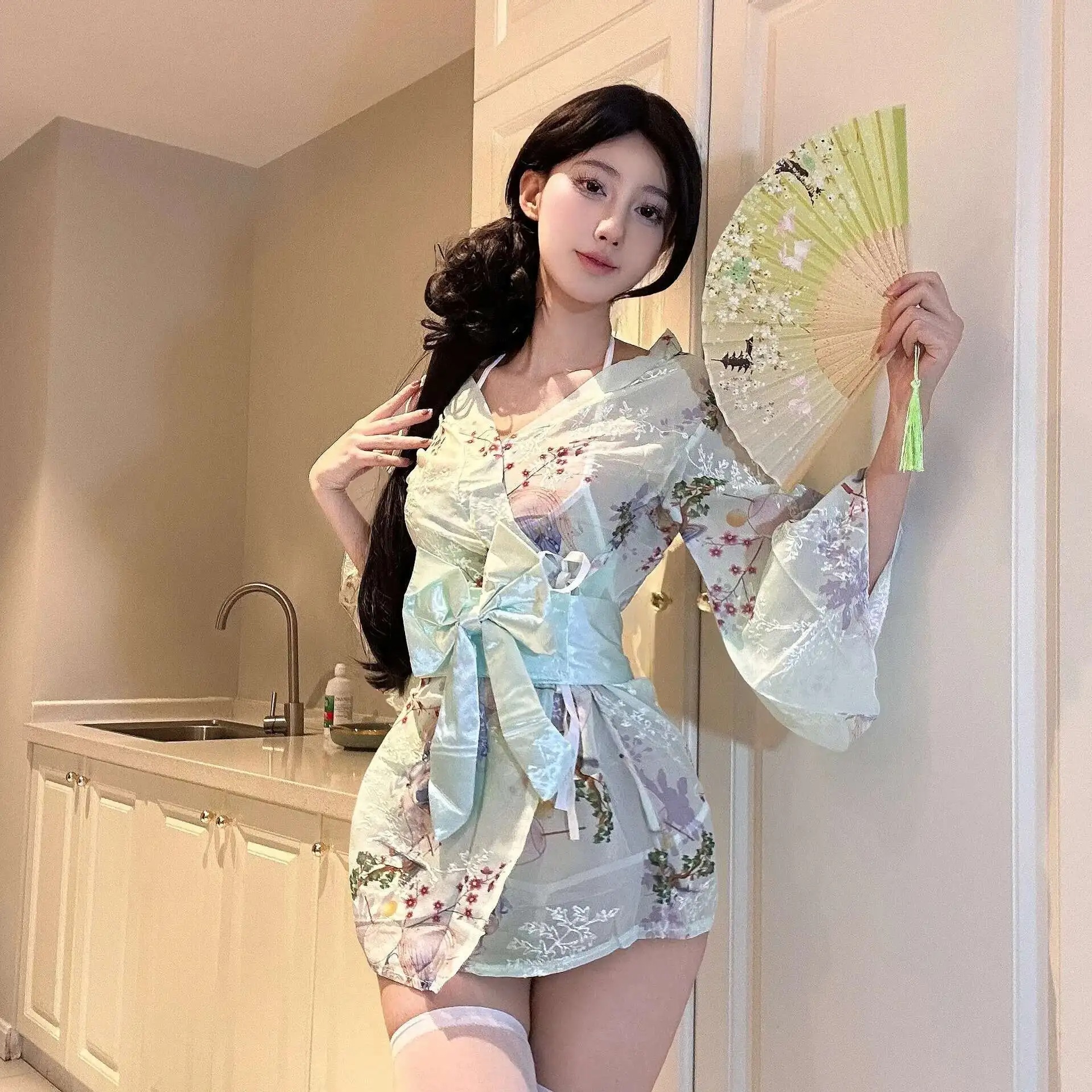 Japanese Cherry Blossom Kimono Robe – Women’s Butterfly Print V-Neck Mini Sleep Dress - Image 5